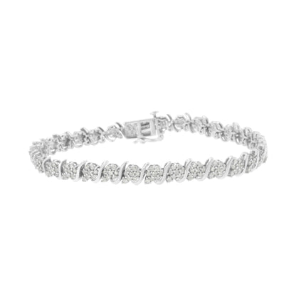 .925 Sterling Silver Diamond Floral Cluster Link Bracelet (2 3/4 cttw, I-J Color, I3 Clarity) - Size 7.25"-0