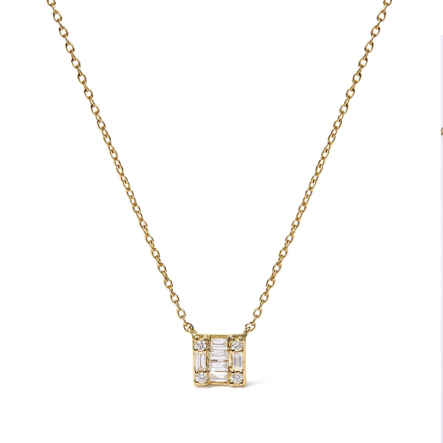 10K Yellow Gold 1/10 Cttw Round and Baguette Diamond Mosaic Composite Square 18" Inch Pendant Necklace (H-I Color, I1-I2 Clarity)-0