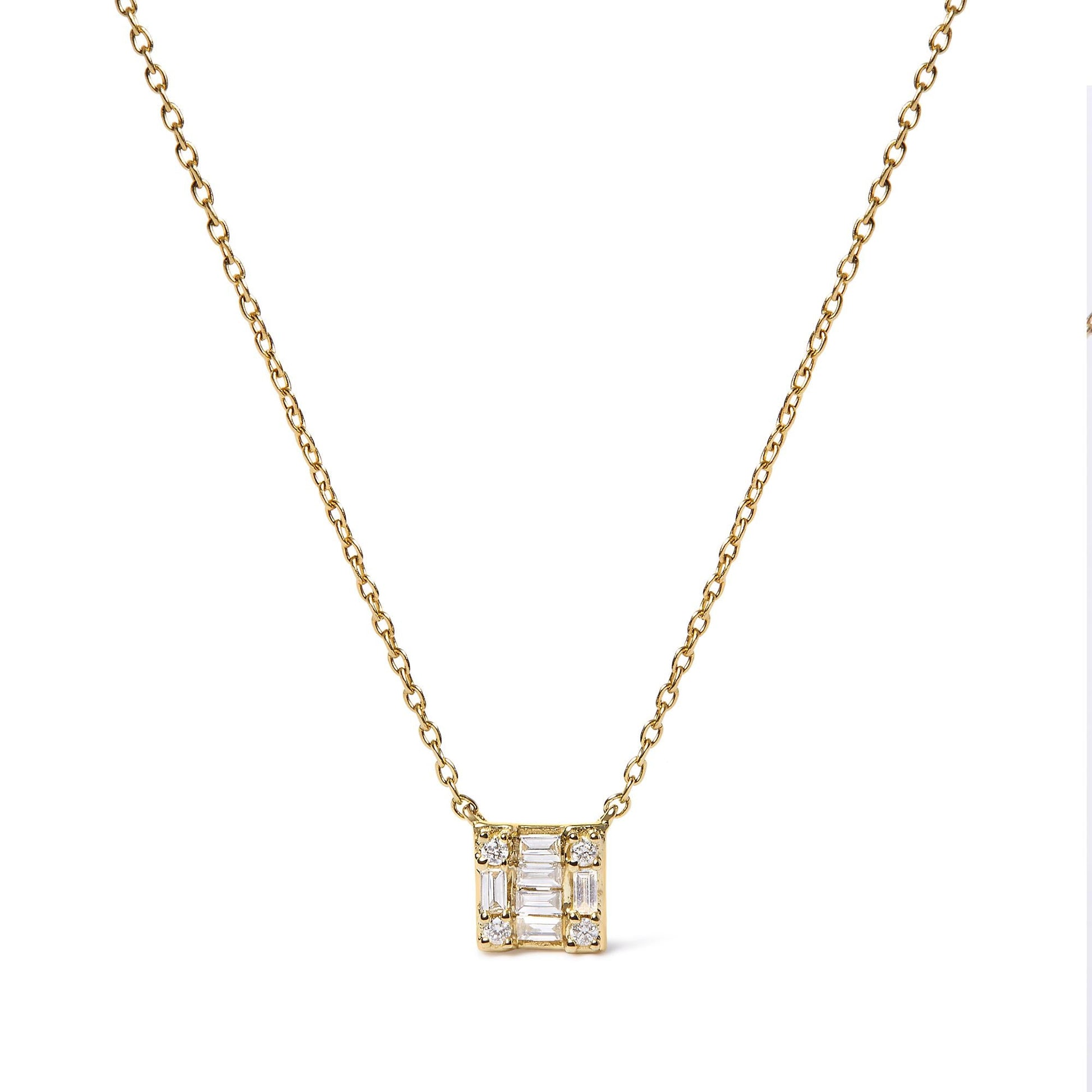 10K Yellow Gold 1/10 Cttw Round and Baguette Diamond Mosaic Composite Square 18" Inch Pendant Necklace (H-I Color, I1-I2 Clarity)-0