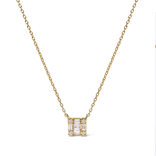 10K Yellow Gold 1/10 Cttw Round and Baguette Diamond Mosaic Composite Square 18" Inch Pendant Necklace (H-I Color, I1-I2 Clarity)-0