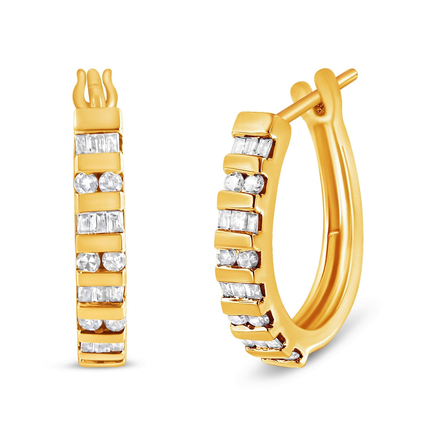 10K Gold Round and Baguette-Cut Diamond Hoop Earrings (I-J Color, I2-I3 Clarity)-3