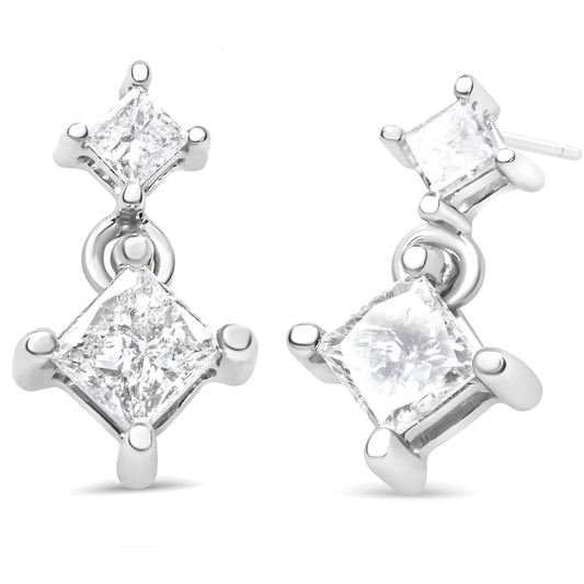 14K White Gold 3/8 Cttw Princess-Cut Diamond Double Dangle 2 Stone Stud Drop Earrings for Women (I-J Color, I2-I3 Clarity)-0