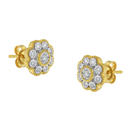 14K Yellow Gold Plated .925 Sterling Silver 1/6 Cttw Miracle-Plate Set Diamond Floral Stud Earrings (I-J Color, I2-I3 Clarity)-0