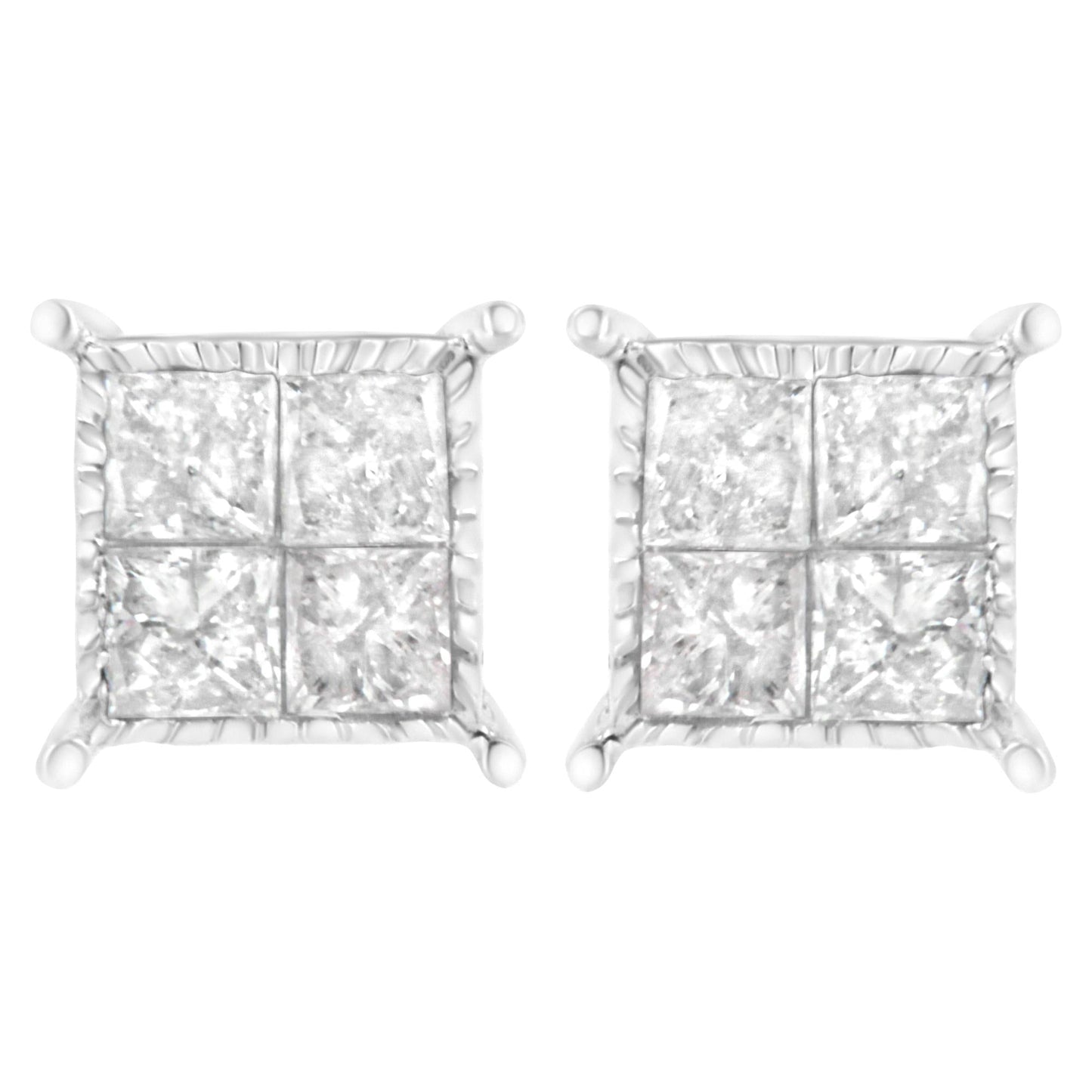 10K White Gold Square Earrings with Princess Cut Diamond (3/4 cttw, I-J Color, I2-I3 Clarity)-0