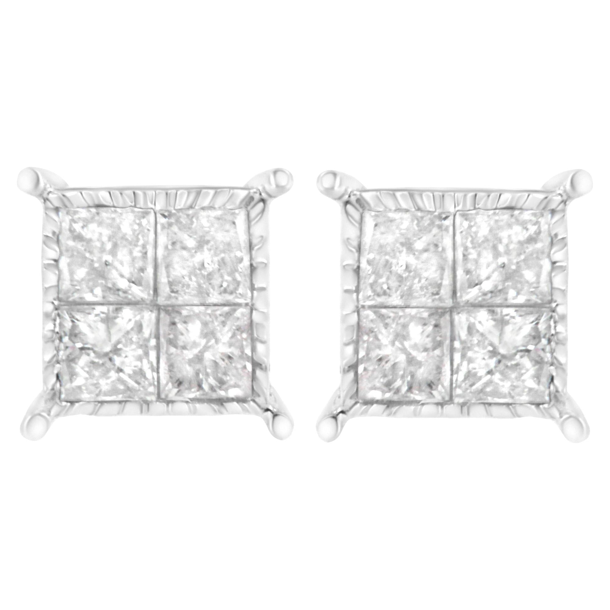 10K White Gold Square Earrings with Princess Cut Diamond (3/4 cttw, I-J Color, I2-I3 Clarity)-0