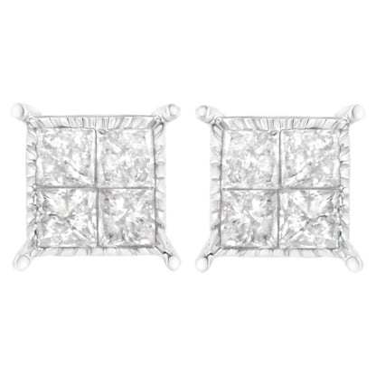 10K White Gold Square Earrings with Princess Cut Diamond (3/4 cttw, I-J Color, I2-I3 Clarity)-0