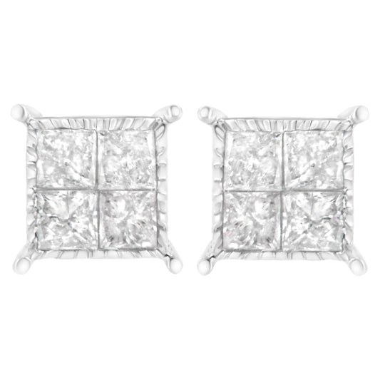 10K White Gold Square Earrings with Princess Cut Diamond (3/4 cttw, I-J Color, I2-I3 Clarity)-0