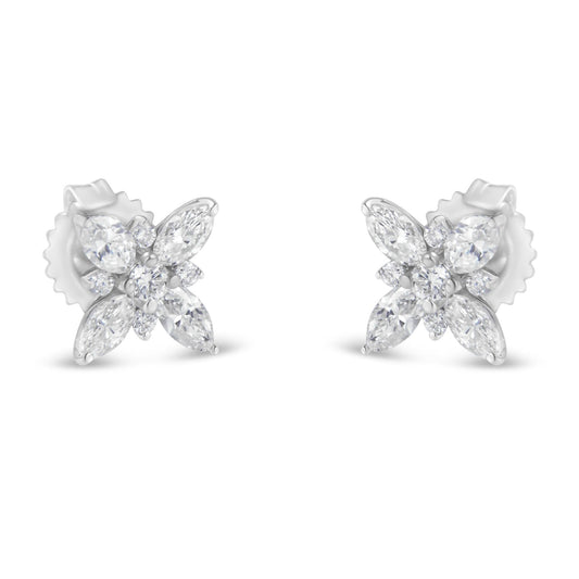 14K White Gold Marquise Diamond Flower Stud Earring (1.00 cttw, H-I Color, SI1-SI2 Clarity)-0
