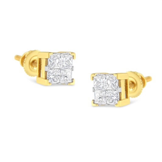 10K Yellow Gold 3/4 Cttw Invisible Set Princess-Cut Diamond Composite Square Stud Earrings (I-J Color, I2-I3 Clarity)-0