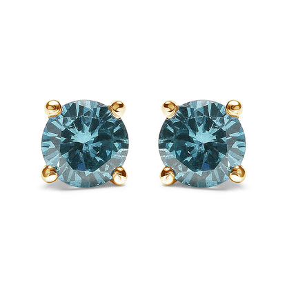 14K Gold 1/2 Cttw Aqua Blue Diamond Screw-Back 4-Prong Classic Stud Earrings (Color Treated, I2-I3)-1