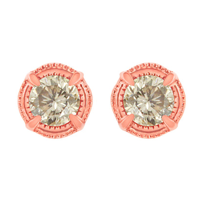 .925 Sterling Silver Round Brilliant Cut Diamond Solitaire Milgrain Stud Earrings-0
