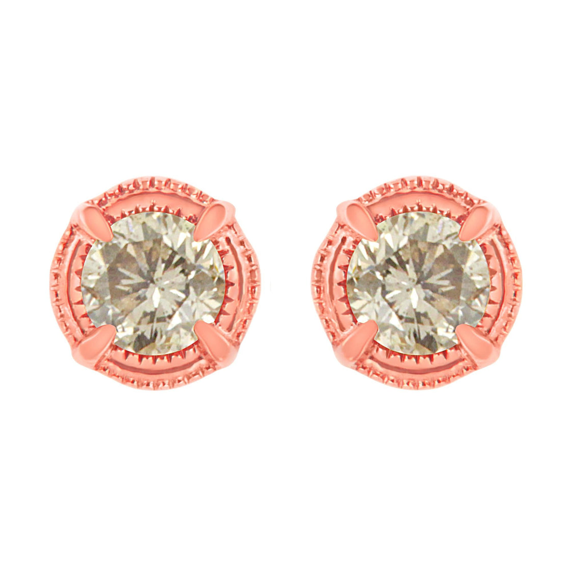 .925 Sterling Silver Round Brilliant Cut Diamond Solitaire Milgrain Stud Earrings-0