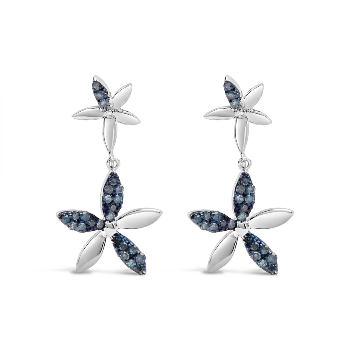 .925 Sterling Silver 1/5ct Cttw Blue Diamond Double Star Drop and Dangle Earrings (Blue Color, SI1-SI2 Clarity)-0