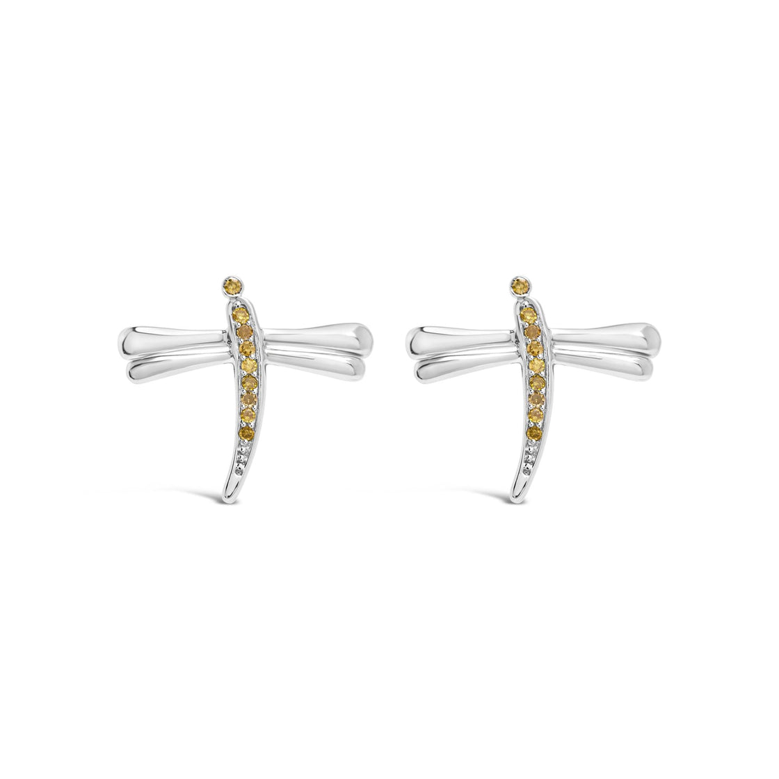.925 Sterling Silver Yellow Diamond Accent Dragonfly Stud Earrings (Yellow Color, I2-I3 Clarity)-0