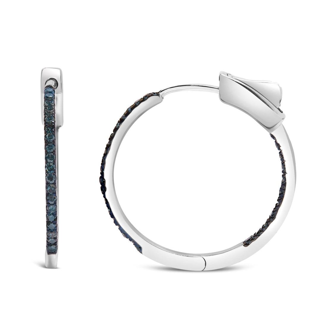 .925 Sterling Silver 1/3 Cttw Inside Out Blue Treated Diamond 1MM Wide Hoop Earrings (Blue Color, I2-I3 Clarity)-0