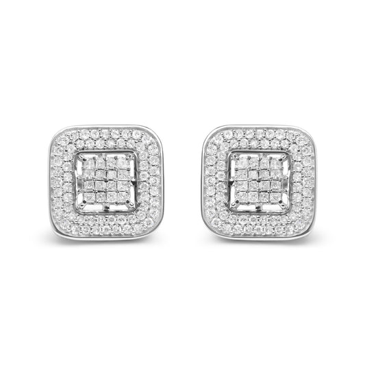 10K White Gold 1.0 Cttw Round and Princess Cut Diamond Composite Open Halo Stud Earrings (H-I Color, SI1-SI2 Clarity)-0