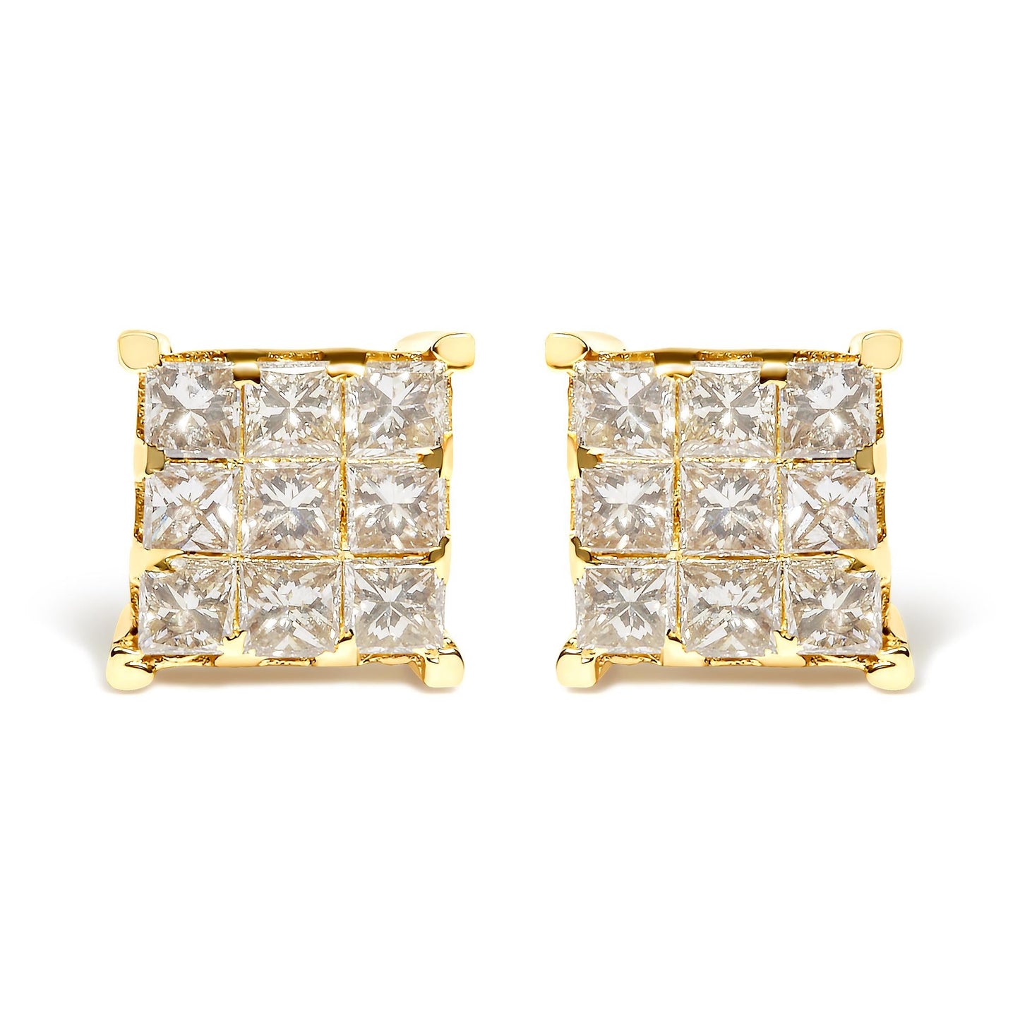 14K Yellow Gold 1 1/2 Cttw Invisible Set Princess-Cut Diamond 9 Stone Square Stud Earrings (J-K Color, SI2-I1 Clarity)-0