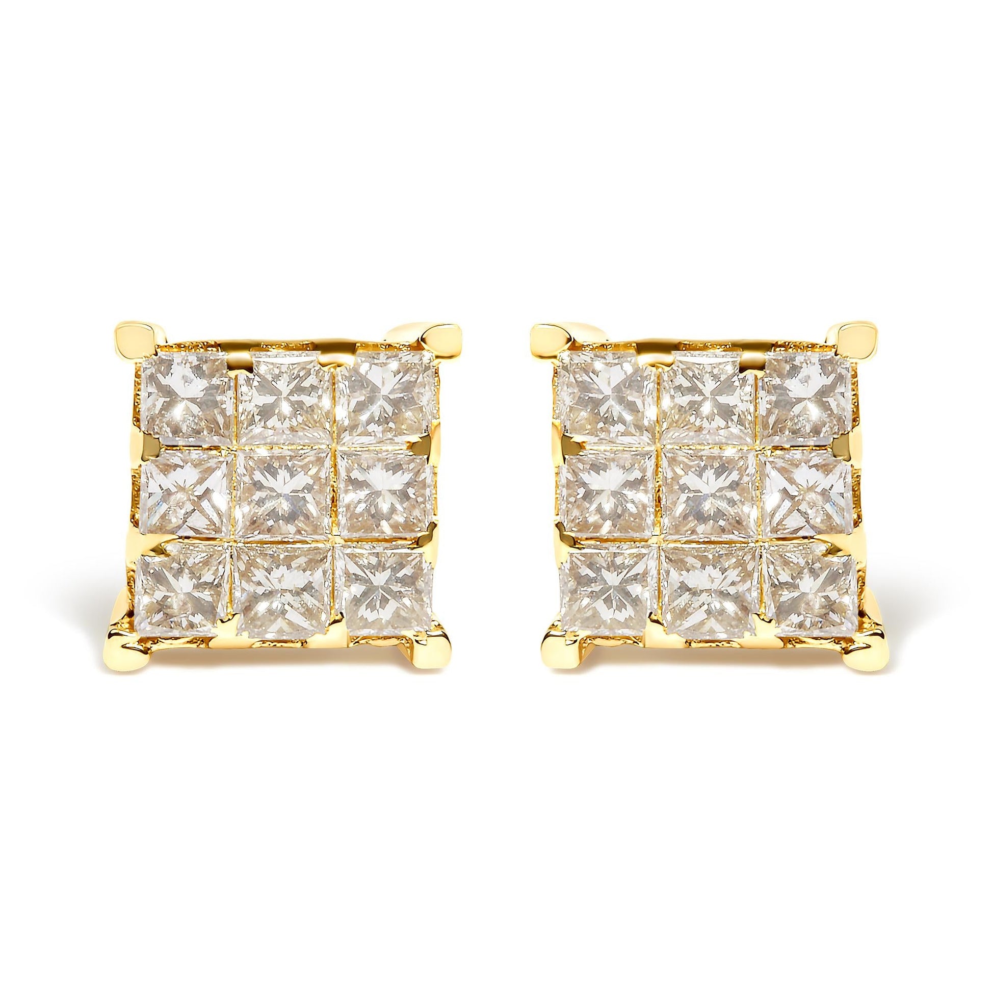 14K Yellow Gold 1 1/2 Cttw Invisible Set Princess-Cut Diamond 9 Stone Square Stud Earrings (J-K Color, SI2-I1 Clarity)-0