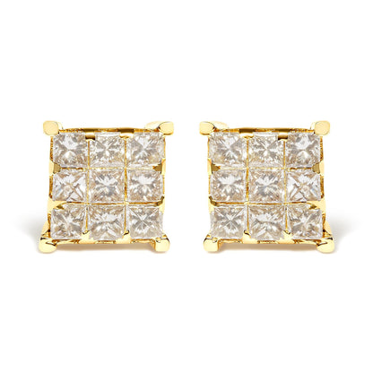 14K Yellow Gold 1 1/2 Cttw Invisible Set Princess-Cut Diamond 9 Stone Square Stud Earrings (J-K Color, SI2-I1 Clarity)-0
