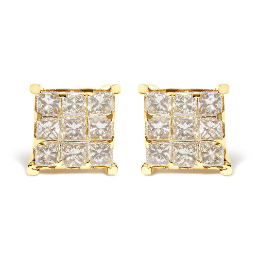14K Yellow Gold 1 1/2 Cttw Invisible Set Princess-Cut Diamond 9 Stone Square Stud Earrings (J-K Color, SI2-I1 Clarity)-0