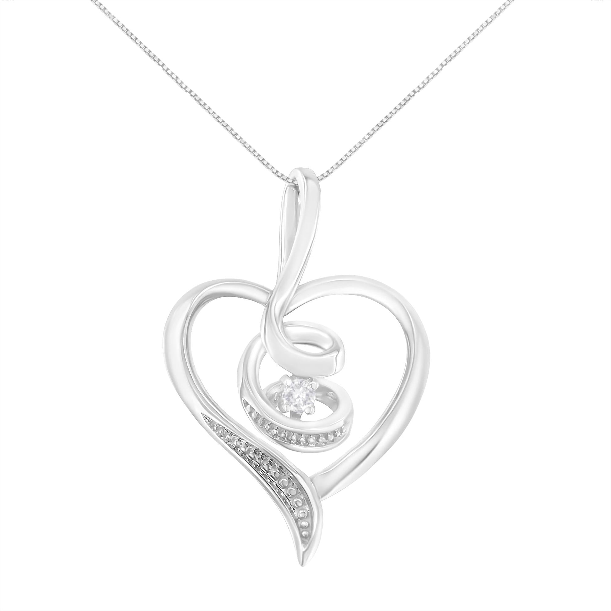 Espira 10K White Gold .03 Cttw Diamond-Accented Round-Cut Diamond Swirl Open Heart 18" Pendant Necklace (I-J Color, I2-I3 Clarity)-0