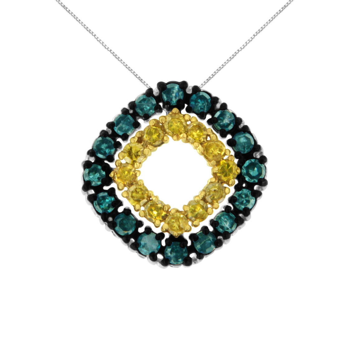 .925 Sterling Silver 1/2 Cttw Treated Blue and Yellow Diamond Double Square 18" Pendant Necklace (Blue/Yellow Color, I2-I3 Clarity)-0