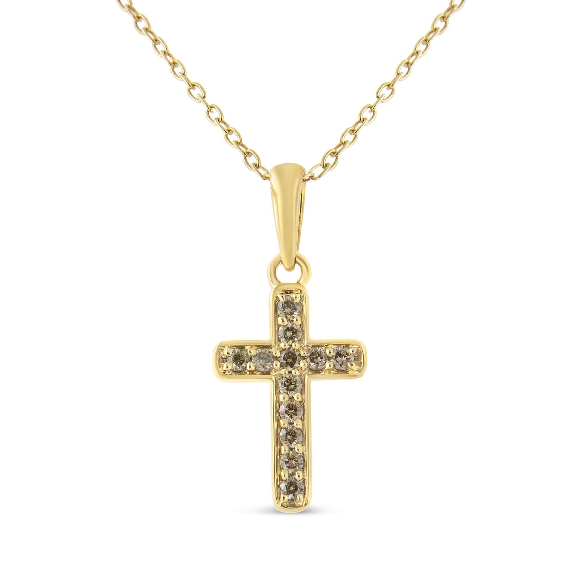 10K Yellow Gold Flashed .925 Sterling Silver 1/4 Cttw Champagne Diamond Cross Pendant Necklace (K-L Color, I1-I2 Clarity) - 18"-0