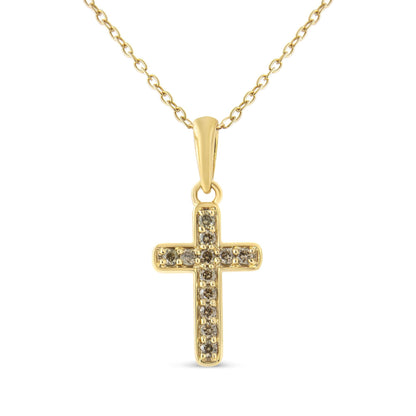 10K Yellow Gold Flashed .925 Sterling Silver 1/4 Cttw Champagne Diamond Cross Pendant Necklace (K-L Color, I1-I2 Clarity) - 18"-0