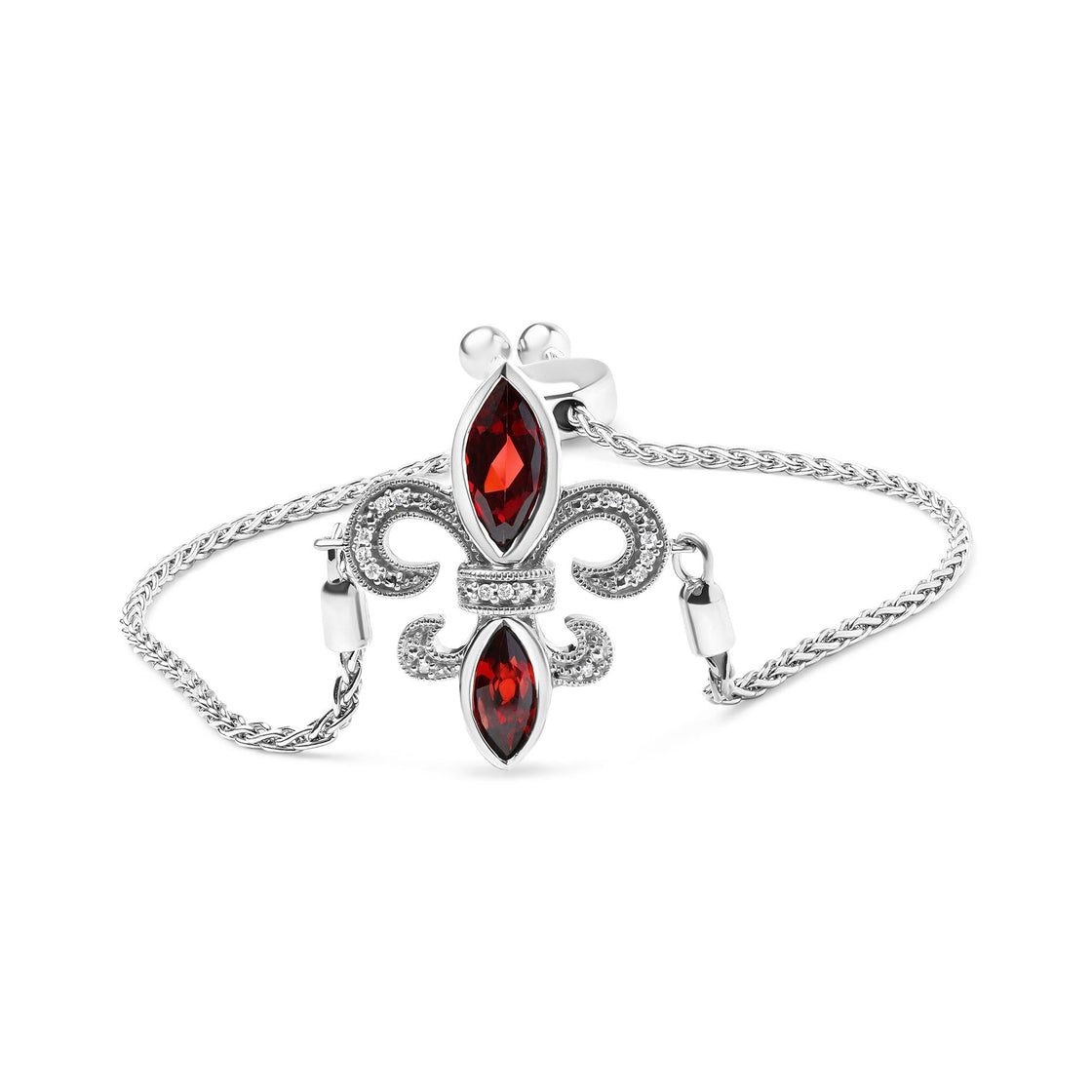 .925 Sterling Silver Marquise Garnet  and Diamond Accent Lariat 4”-10” Fleur De Lis Adjustable Bolo Bracelet (H-I Color, SI1-SI2 Clarity)-0