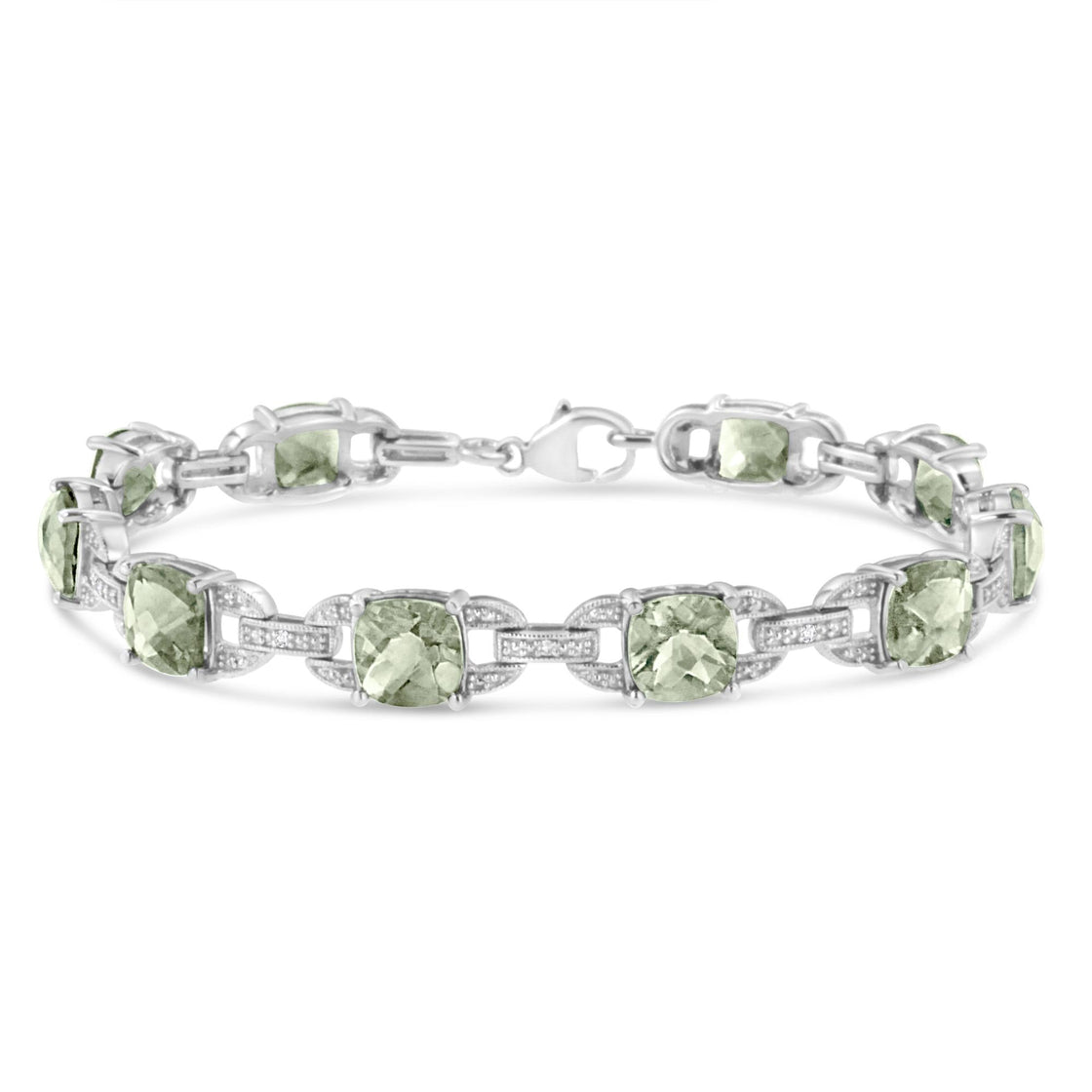 .925 Sterling Silver 7x7 mm Cushion Cut Green Amethyst and 1/20 cttw Round Cut Diamond Fashion Tennis Bracelet (I-J Color, I1-I2 Clarity) - 7"-0