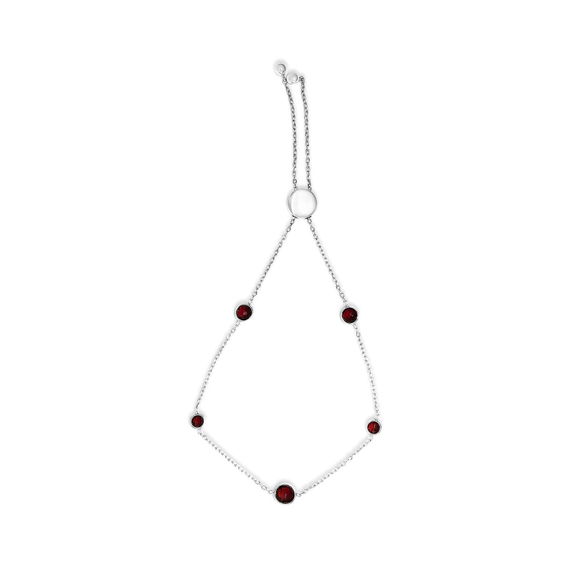.925 Sterling Silver Bezel Set Red Garnet 5 Station Adjustable Bolo Bracelet-3