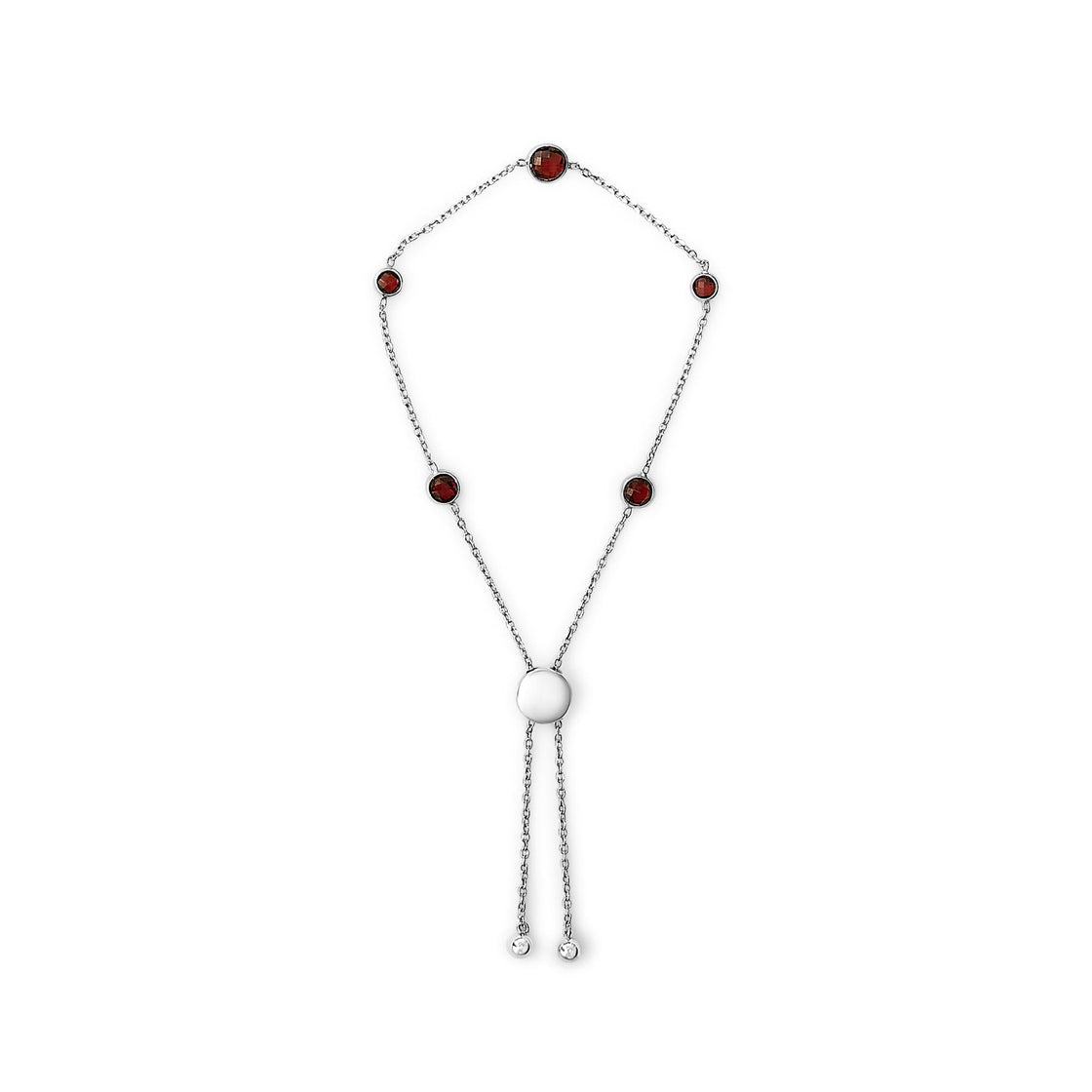 .925 Sterling Silver Bezel Set Red Garnet 5 Station Adjustable Bolo Bracelet-1