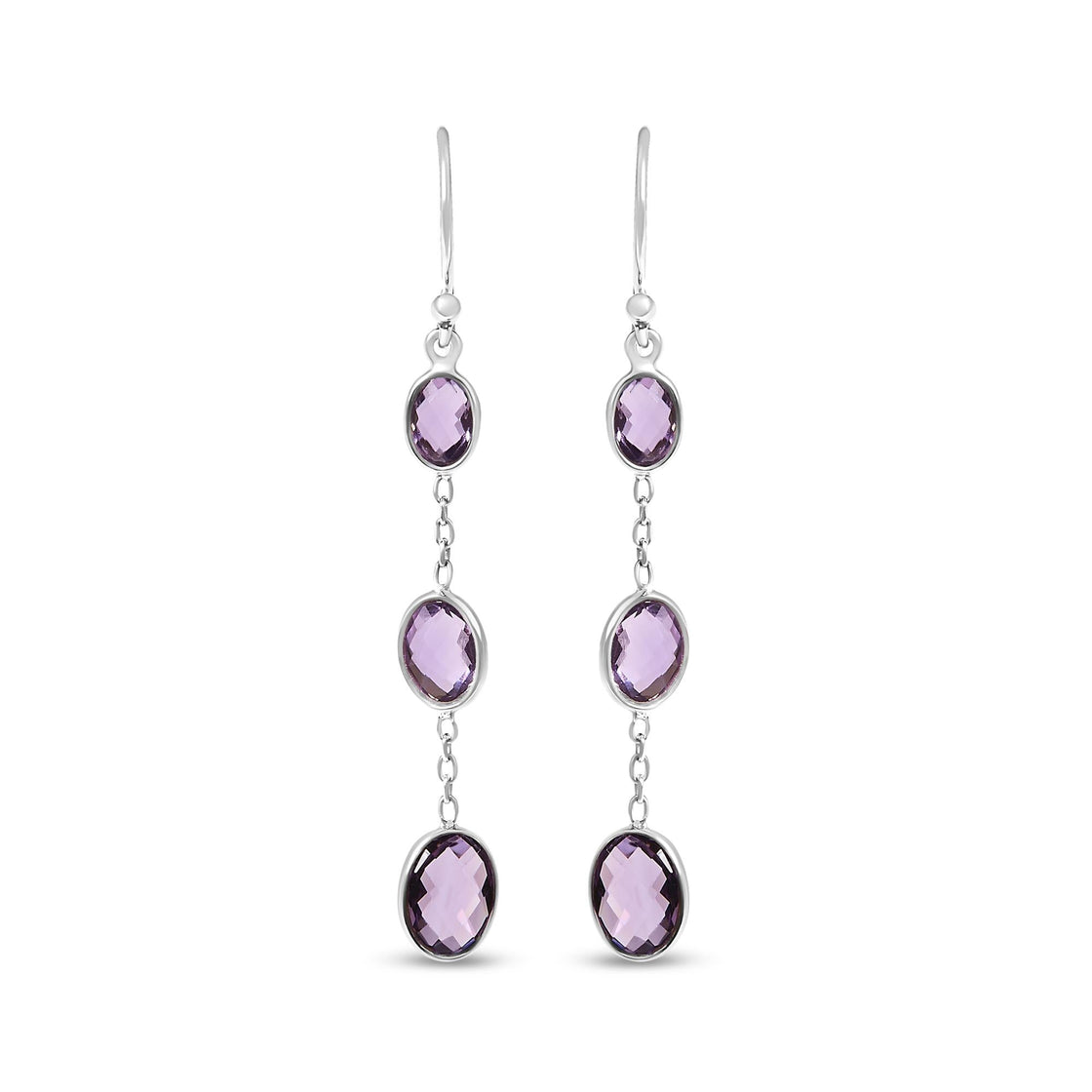 .925 Sterling Silver Checkerboard Cut Oval Purple Amethyst 2" Inch Drop and Dangle Earrings-0