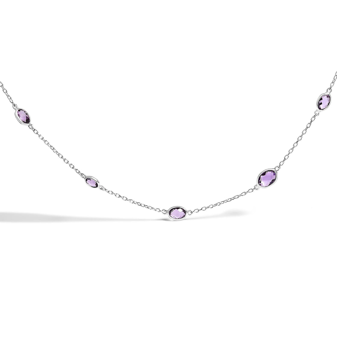 .925 Sterling Silver Checkerboard Cut Purple Amethyst Bezel Station Necklace - 22" Inches-0