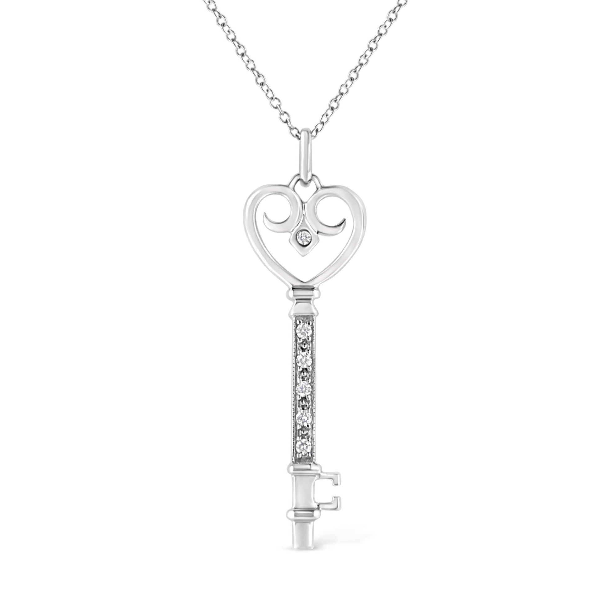 .925 Sterling Silver Pave and Bezel-Set Diamond Accent Key 18" Heart and Lock Pendant Necklace (K-L Color, I1-I2 Clarity)-0