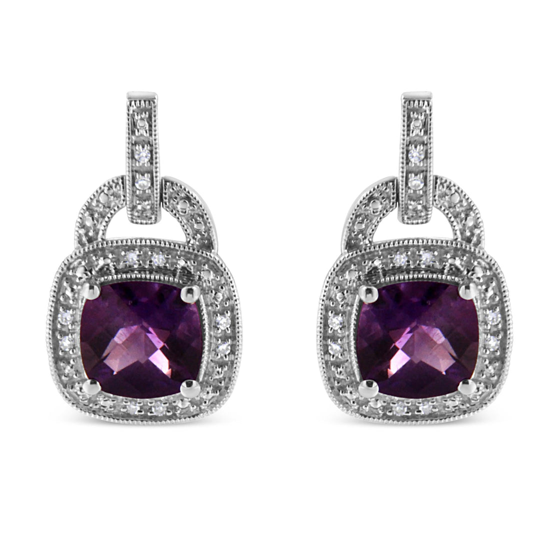 .925 Sterling Silver 8MM Natural Cushion Shaped Amethyst and Diamond Accent Halo with Push Back Dangle Earrings (I-J Color, I2-I3 Clarity)-0