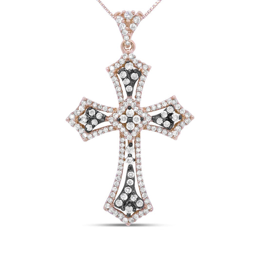 14K Rose Gold and Black Rhodium 1.0 Cttw Diamond Ornate Vintage St. James Budded Cross Pendant 18" Necklace - (Brown/H-I Color, SI1-SI2 Clarity)-0