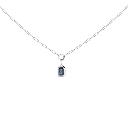 10K White Gold Emerald Cut 6x4 MM Blue Sapphire Solitaire Pendant Necklace - 18 inch-1