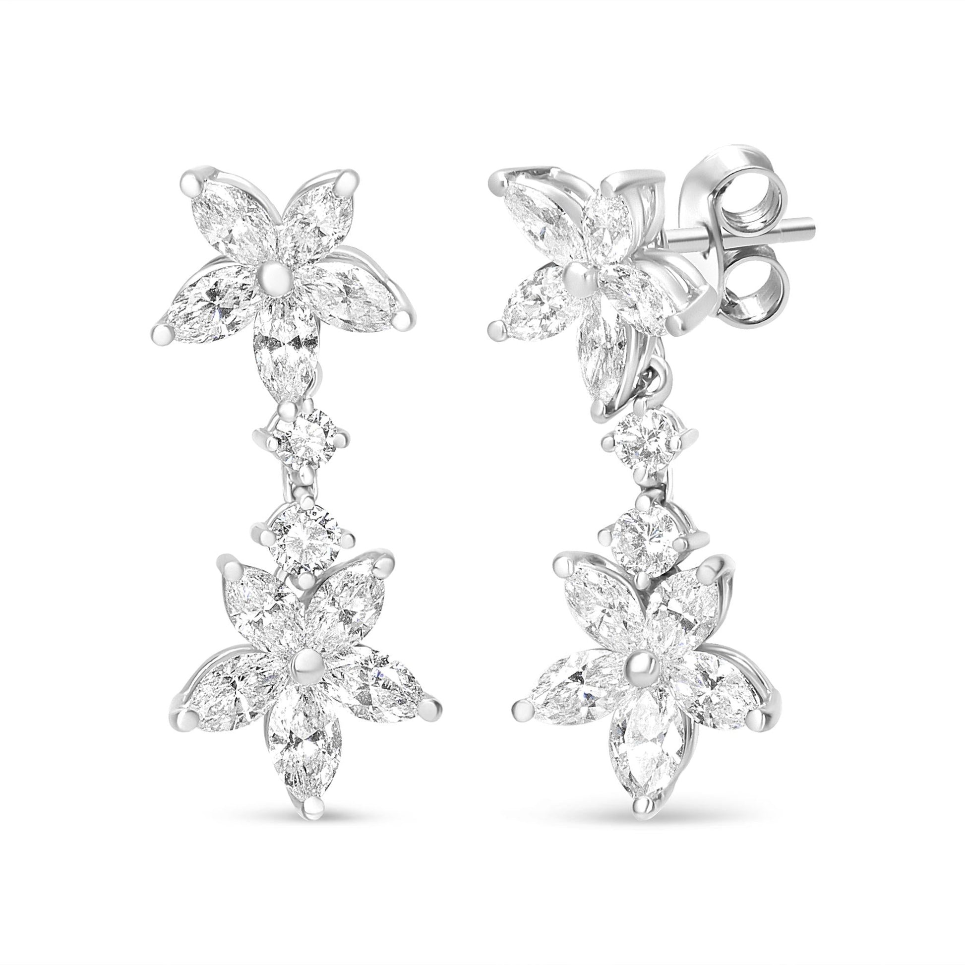 18k White Gold 6.0 Cttw Marquise Diamond Floral Dangle Drop Earrings (E-F Color, VS1-VS2 Clarity)-0