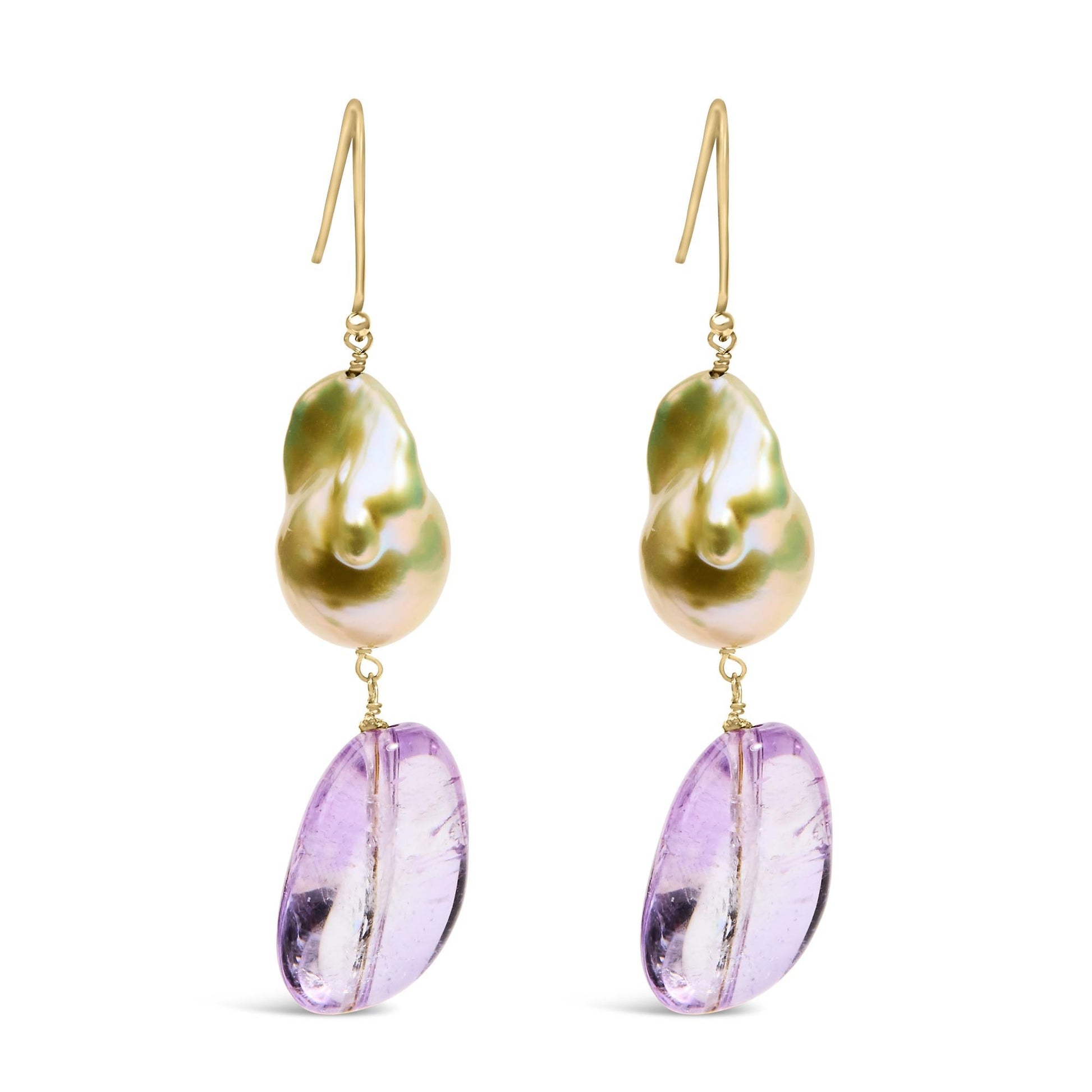 14K Yellow Gold Amethyst and Baroque Pearl Drop and Dangle Earrings 2" Inch Dangle Length-0