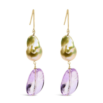 14K Yellow Gold Amethyst and Baroque Pearl Drop and Dangle Earrings 2" Inch Dangle Length-0
