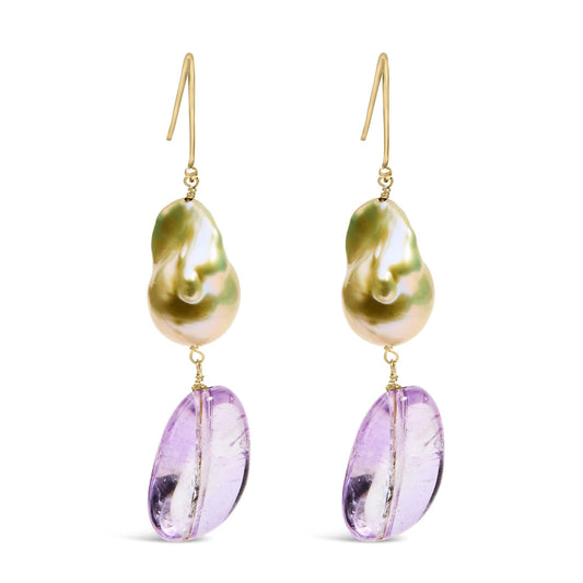 14K Yellow Gold Amethyst and Baroque Pearl Drop and Dangle Earrings 2" Inch Dangle Length-0