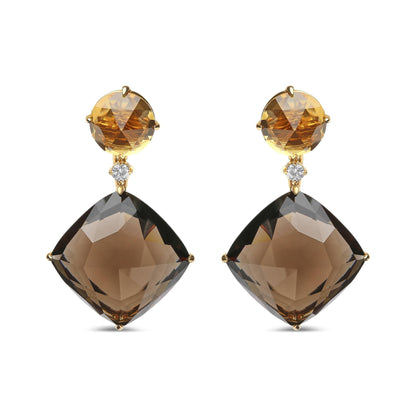 18K Yellow Gold 1/5 Cttw Diamond with Round Yellow Citrine and 25mm Cushion Cut Smoky Quartz Gemstone Dangle Earring (G-H Color, SI1-SI2 Clarity)-0