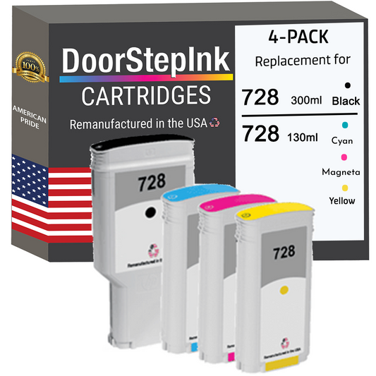 DoorStepInk Brand for HP 728 Matte Black 300mL  / HP 728 130mL Colors 4-Pack Remanufactured in the USA Ink Cartridges-0
