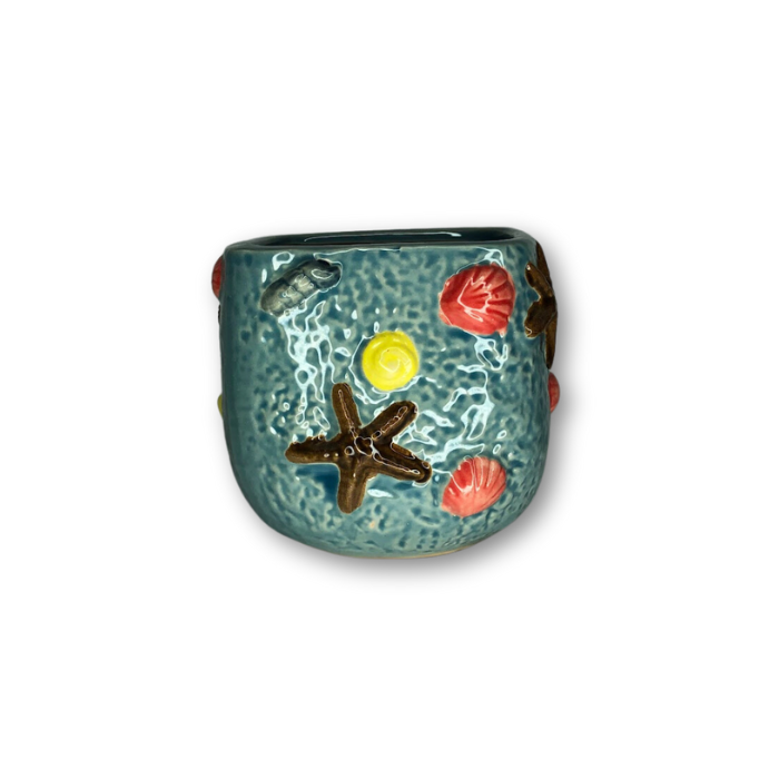 Blue Square Pot with Raised Sea Shells-0