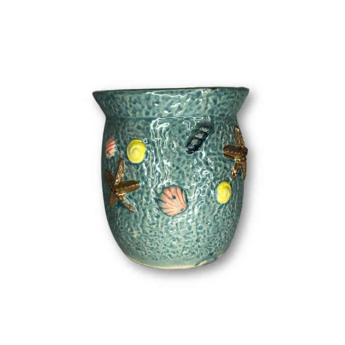 Blue Round Pot with Flared Edge and Raised Sea Shells-0