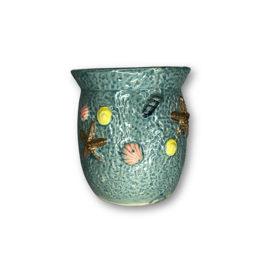 Blue Round Pot with Flared Edge and Raised Sea Shells-0