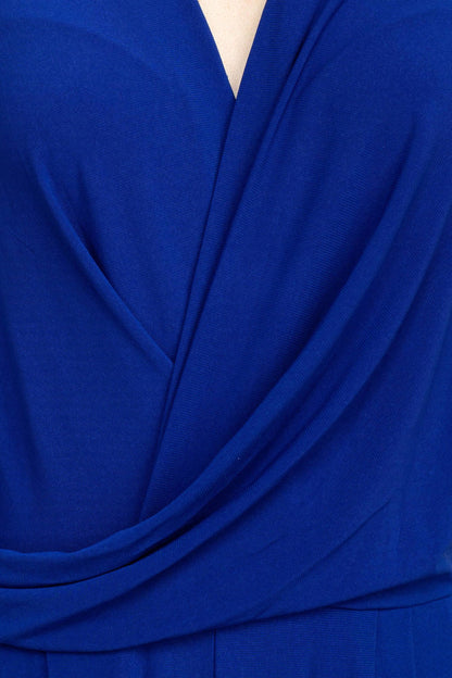 Emma & Michele V-Neck Cap Sleeve Draped Ruched Solid Keyhole Back ITY Jumpsuit with Pockets-3