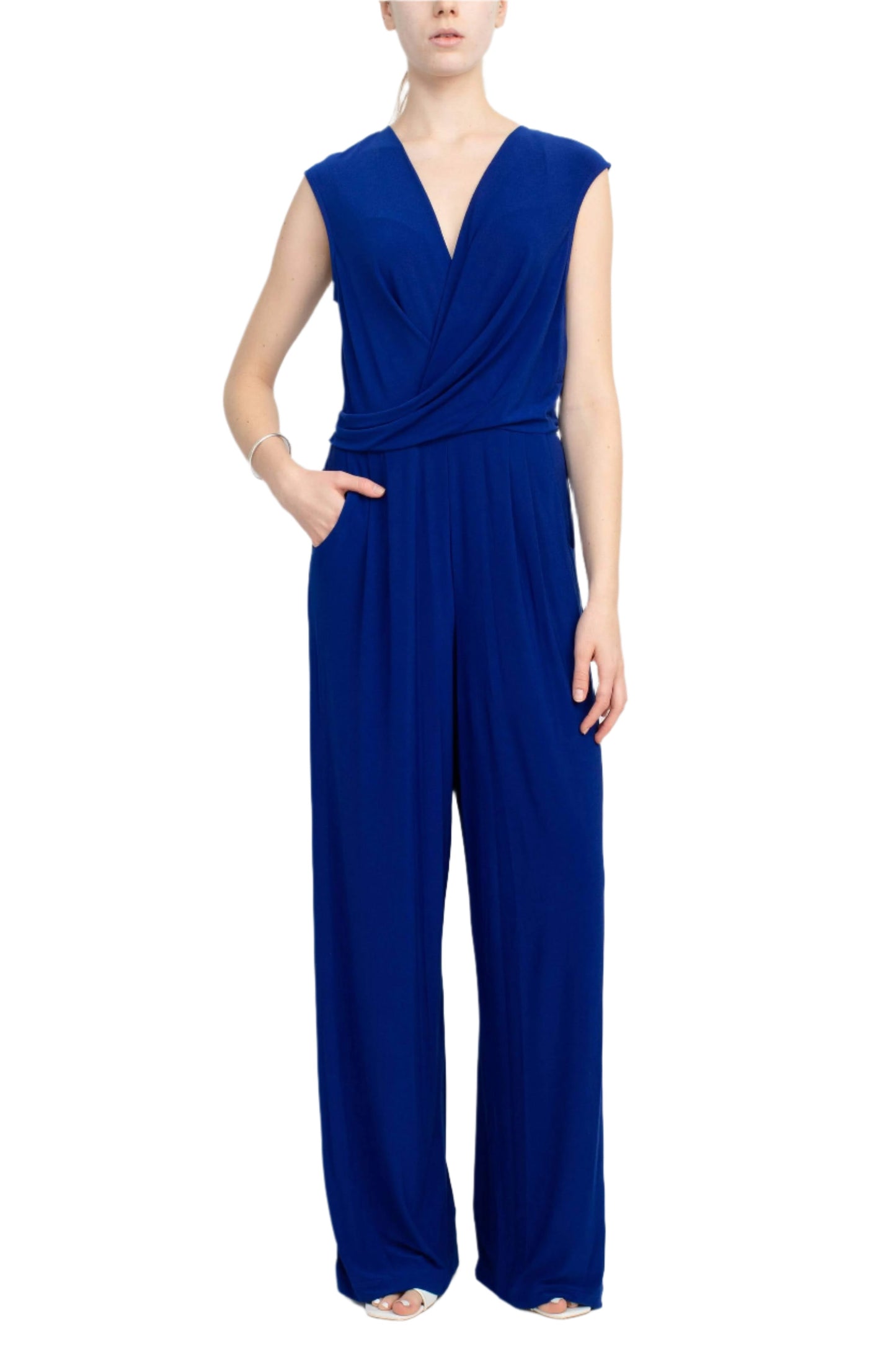 Emma & Michele V-Neck Cap Sleeve Draped Ruched Solid Keyhole Back ITY Jumpsuit with Pockets-0