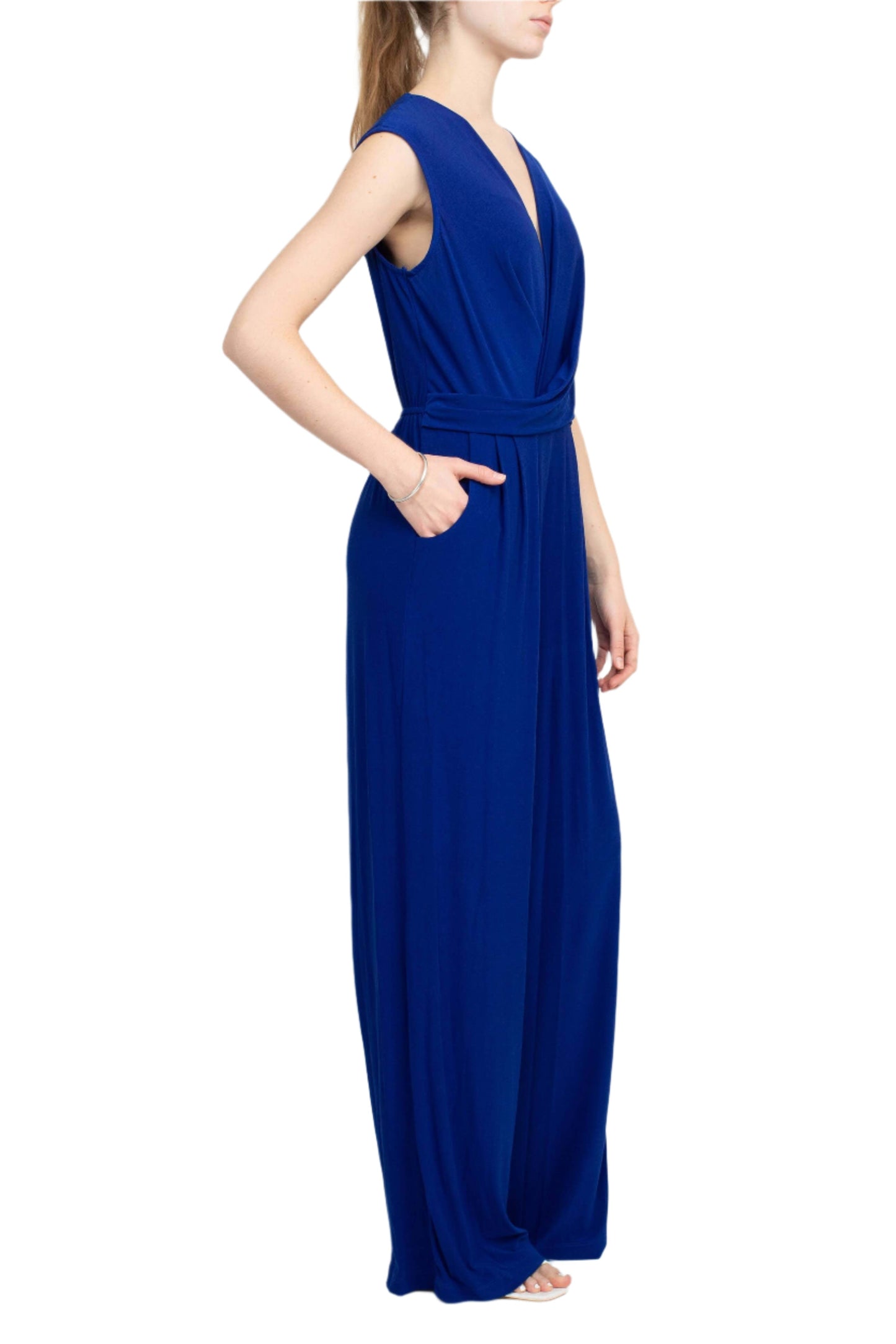 Emma & Michele V-Neck Cap Sleeve Draped Ruched Solid Keyhole Back ITY Jumpsuit with Pockets-1